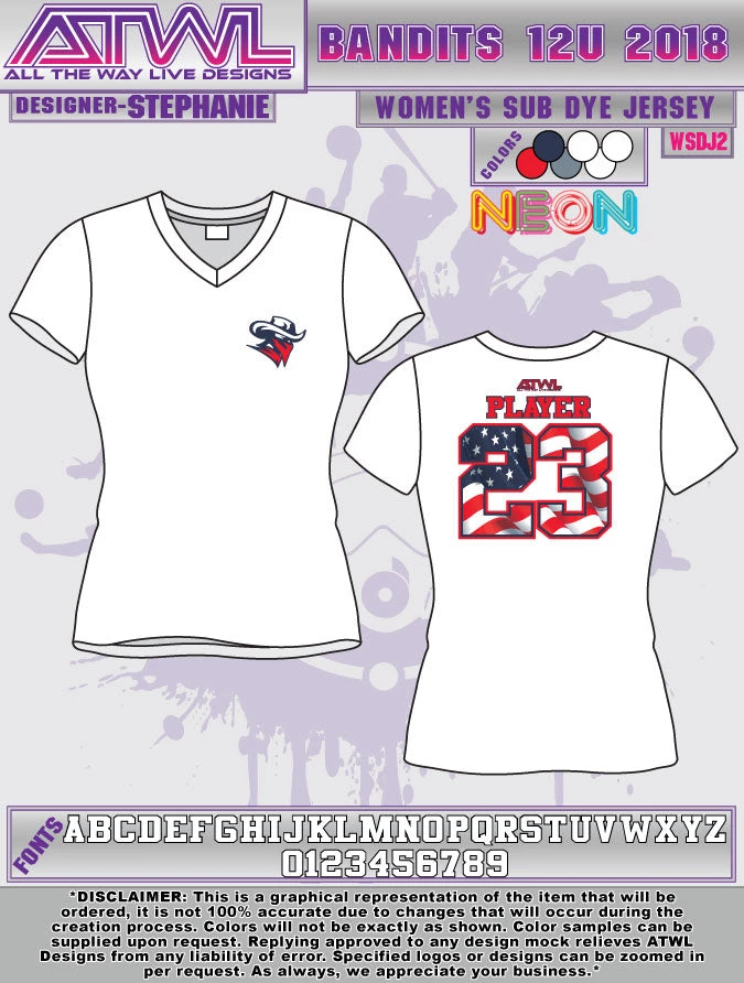 All The Way Live Designs Bandits 12U White Sub Dye Women's V-Neck (Fall 2018) 4 All The Way Live Designs Bandits 12U White Sub Dye Women's V-Neck (Fall 2018)